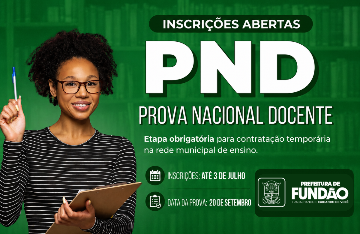 Imagem da notícia: Prefeitura de Fundão divulga inscrições para a Prova Nacional Docente (PND) 2026