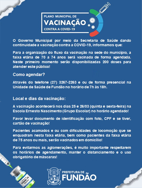 Semus dá continuidade a vacinação de idosos com faixa etária entre 70 a 74 anos contra a COVID-19 